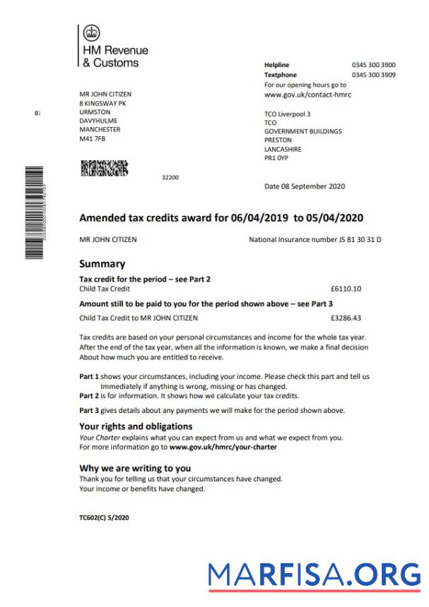 Downloadable HM Revenue & Customs tax credits example